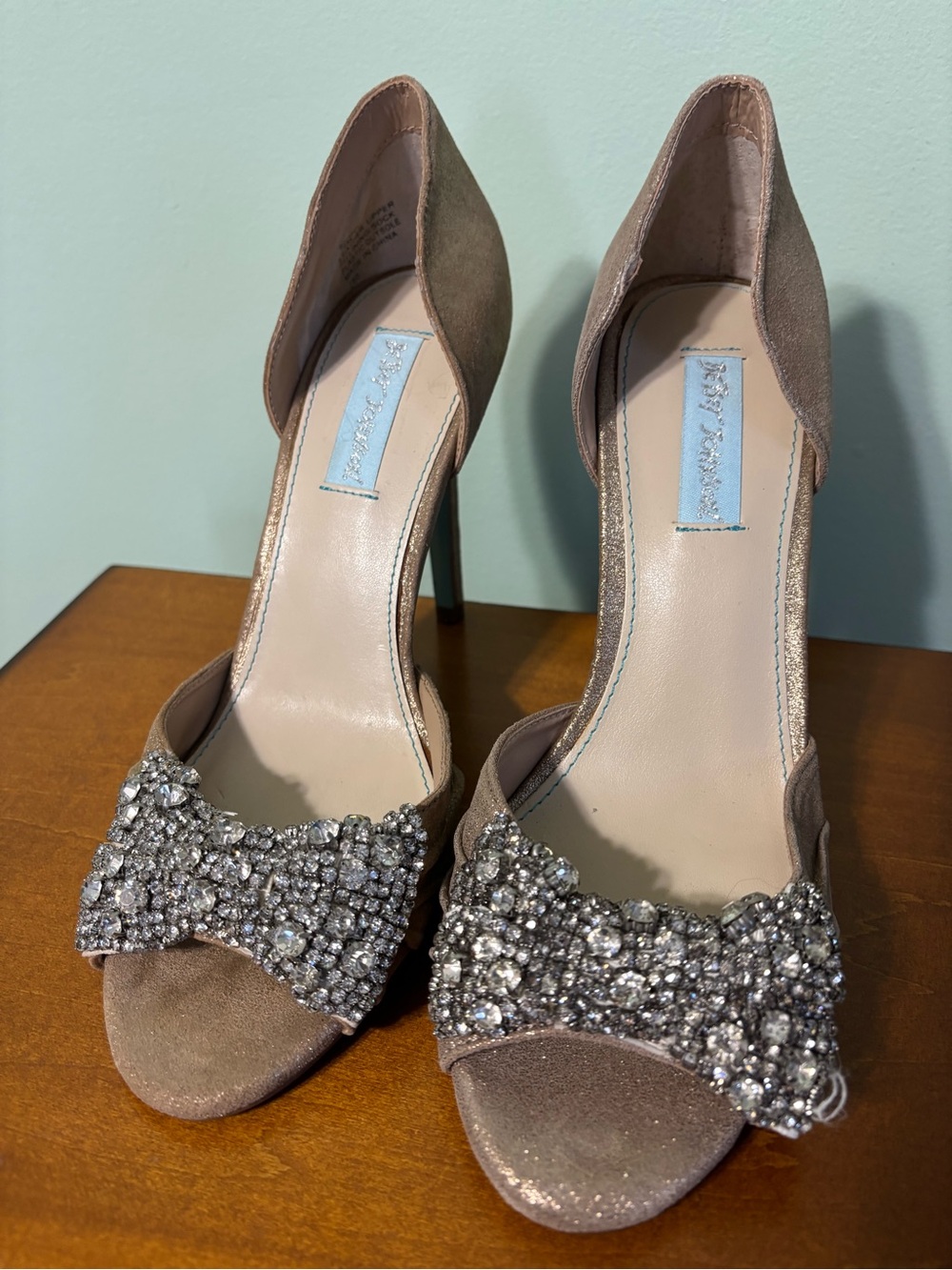 Betsey Johnson Champagne with Crystal Bow Open-Toe Heels